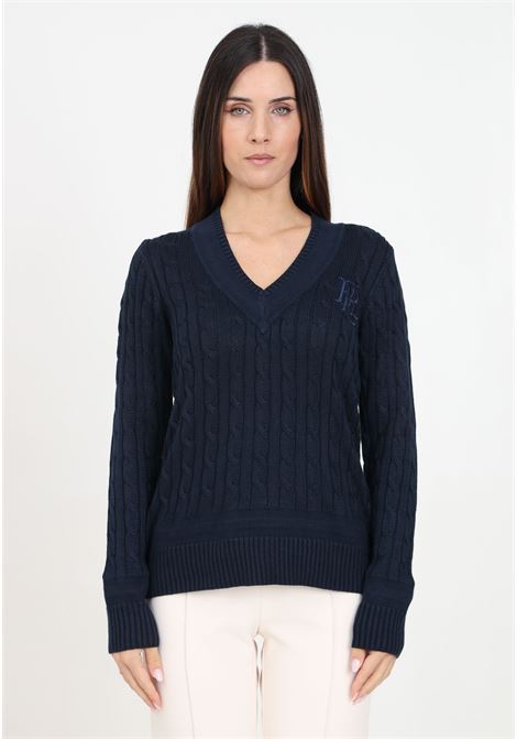 Maglioncino con scollo a V blu da donna rifinito da ricamo logo LAUREN RALPH LAUREN | 200888795008NAVY